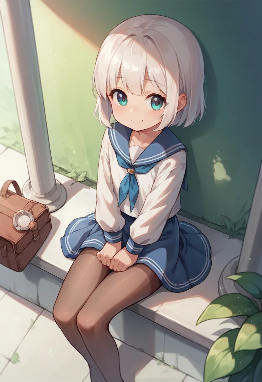 pantyhose,loli,sailor,dress,cute,sitting,white hair,smile