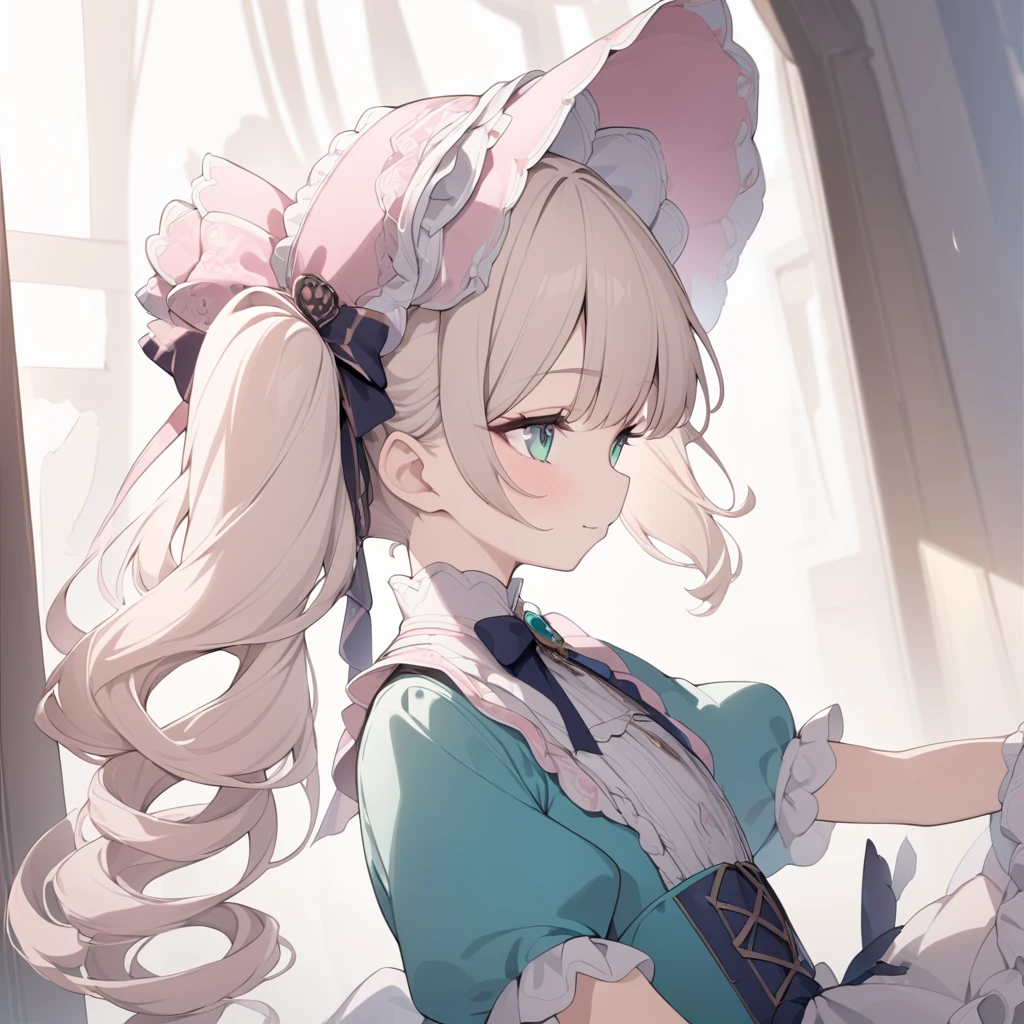 Platinum Blonde hair,curls,((emerald green eyes)),long eyelashes,((light pink victorian dress)),puffy short sleeves,pink frilled dress,((wide brimmed Bonnet with bows)),bustshot,masterpiece,highress,soft smile,bishoujo,peterpan collar,profile,white accents,white trim,white frills,((long curly side ponytail)),solo,facing left,((short hair))