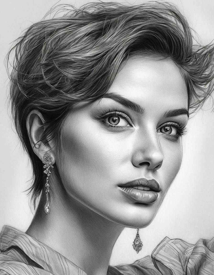 a drawing of a woman with short hair and simple earrings, detailed beauty portrait, detailed beautiful portrait, realistic pencil drawing, extremely detailed woman, elegant digital painting, detailed woman, detailed illustration portrait, epic portrait illustration, stunning drawing, beautiful drawing style, beautiful beautiful digital art, Bela arte UHD 4K, realistic sketch, elegant drawing, high quality sketch art