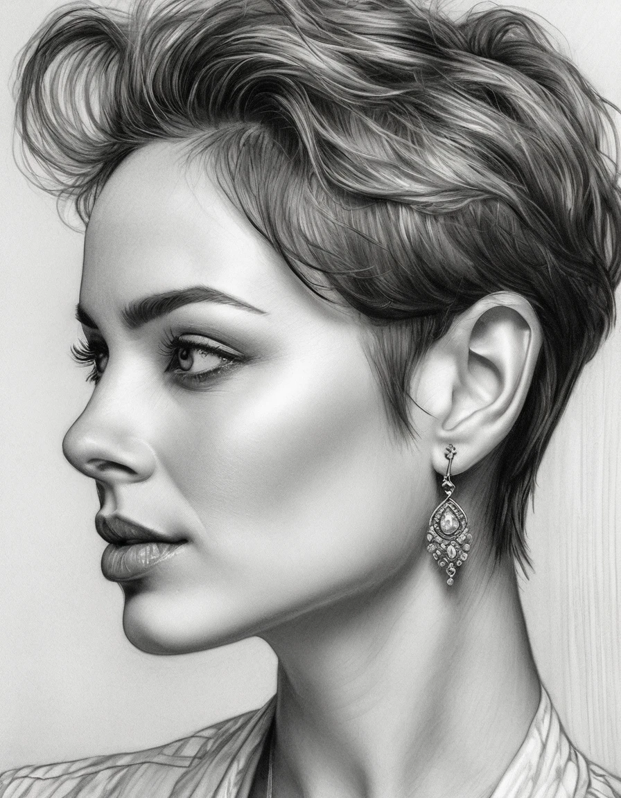 a drawing of a woman with short hair and simple earrings, detailed beauty portrait, detailed beautiful portrait, realistic pencil drawing, extremely detailed woman, elegant digital painting, detailed woman, detailed illustration portrait, epic portrait illustration, stunning drawing, beautiful drawing style, beautiful beautiful digital art, Bela arte UHD 4K, realistic sketch, elegant drawing, high quality sketch art