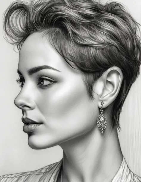 a drawing of a woman with short hair and simple earrings, detailed beauty portrait, detailed beautiful portrait, realistic penci...