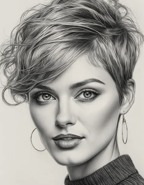 a drawing of a woman with short hair and hoop earrings, detailed beauty portrait, detailed beautiful portrait, realistic pencil ...