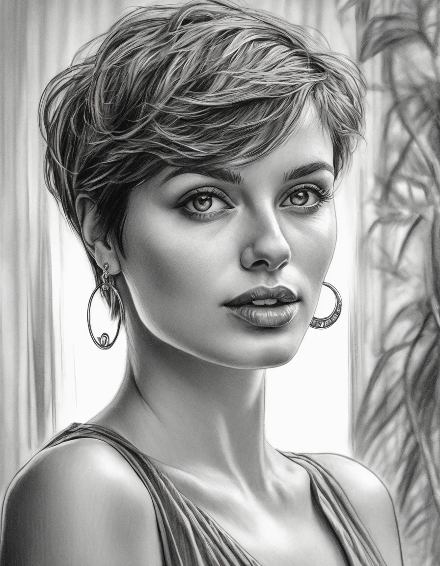 a drawing of a woman with short hair and hoop earrings, detailed beauty portrait, detailed beautiful portrait, realistic pencil drawing, extremely detailed woman, elegant digital painting, detailed woman, detailed illustration portrait, epic portrait illustration, stunning drawing, beautiful drawing style, beautiful beautiful digital art, Bela arte UHD 4K, realistic sketch, elegant drawing, high quality sketch art