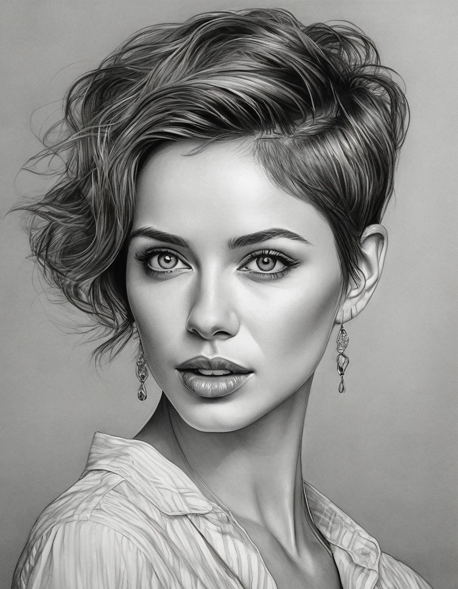 a drawing of a woman with short hair and hoop earrings, detailed beauty portrait, detailed beautiful portrait, realistic pencil drawing, extremely detailed woman, elegant digital painting, detailed woman, detailed illustration portrait, epic portrait illustration, stunning drawing, beautiful drawing style, beautiful beautiful digital art, Bela arte UHD 4K, realistic sketch, elegant drawing, high quality sketch art