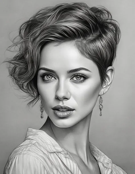 a drawing of a woman with short hair and hoop earrings, detailed beauty portrait, detailed beautiful portrait, realistic pencil ...