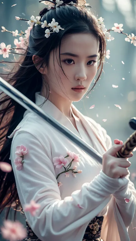 sword sakura,Predominant_Body,1 girl,arms,sword,black hair,flower petals,樱flower,long hair,Chinese clothes,vague,OK,hair accesso...