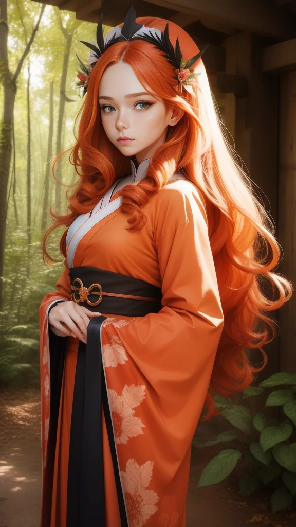 18 years old princess, striking figure, long ginger hair, wavy hairs, fair skin, (freckles), (kolito), innocent and regal appearance, expressive eyes are filled with a mix of curiosity and determination, her slender frame, elegant grace, vibrant orange kimono with white and black decorations, very long ((sleeves past fingers)), sleeves past wrists, feather headdress, in a forest