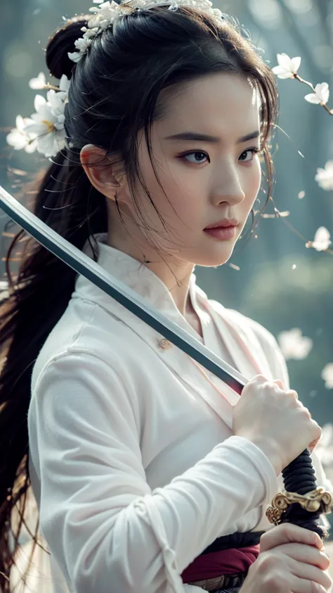 sword樱,superior_Body,1 girl,arms,sword,black hair,flower瓣,樱flower,long hair,Chinese clothes,vague,bun,hair accessories,Keep arms...