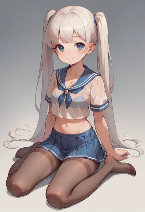 pantyhose,loli,sailor,microskirt,cute,sitting on floor,white hair,smile,crop top,see through,twintails,cleavage
