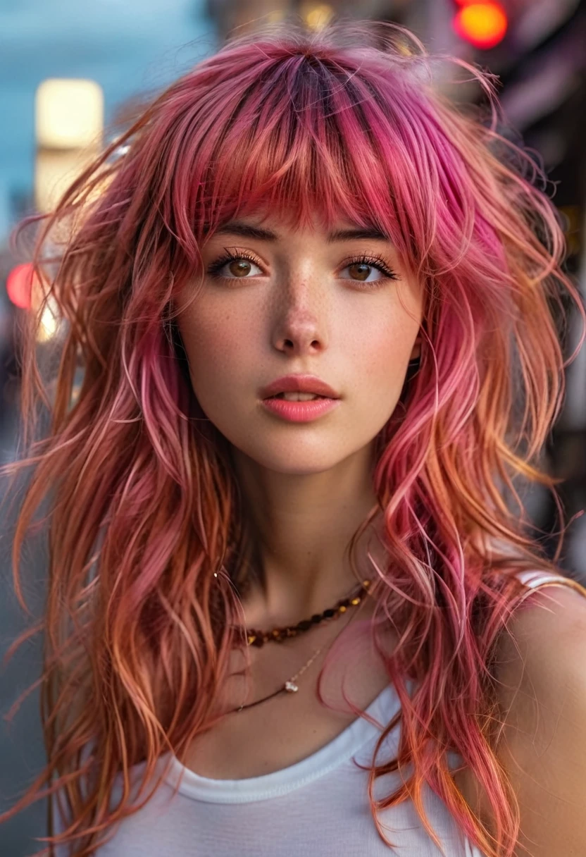 1girl, bangs, bellissima, blurry background, brown eyes, brown hair, freckles, long hair, looking at viewer, looking up, necklace, pink hair, realistic, sleeveless shirt, solo, upper body, wavy hair, wind