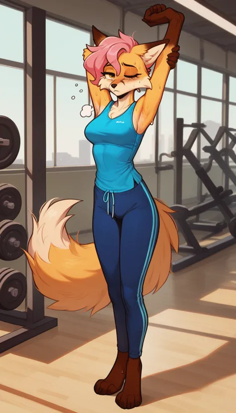 half-closed eyes, tired expression, 1girl, anthro, furry, fur, fluffy fur, fox girl, thight sport pants, blue pants, gym backgro...