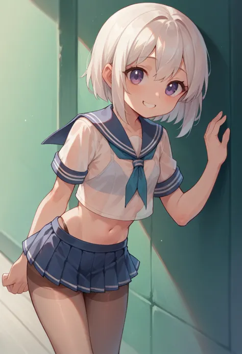 pantyhose,loli,sailor,microskirt,cute,wariza,white hair,smile,crop top,see through