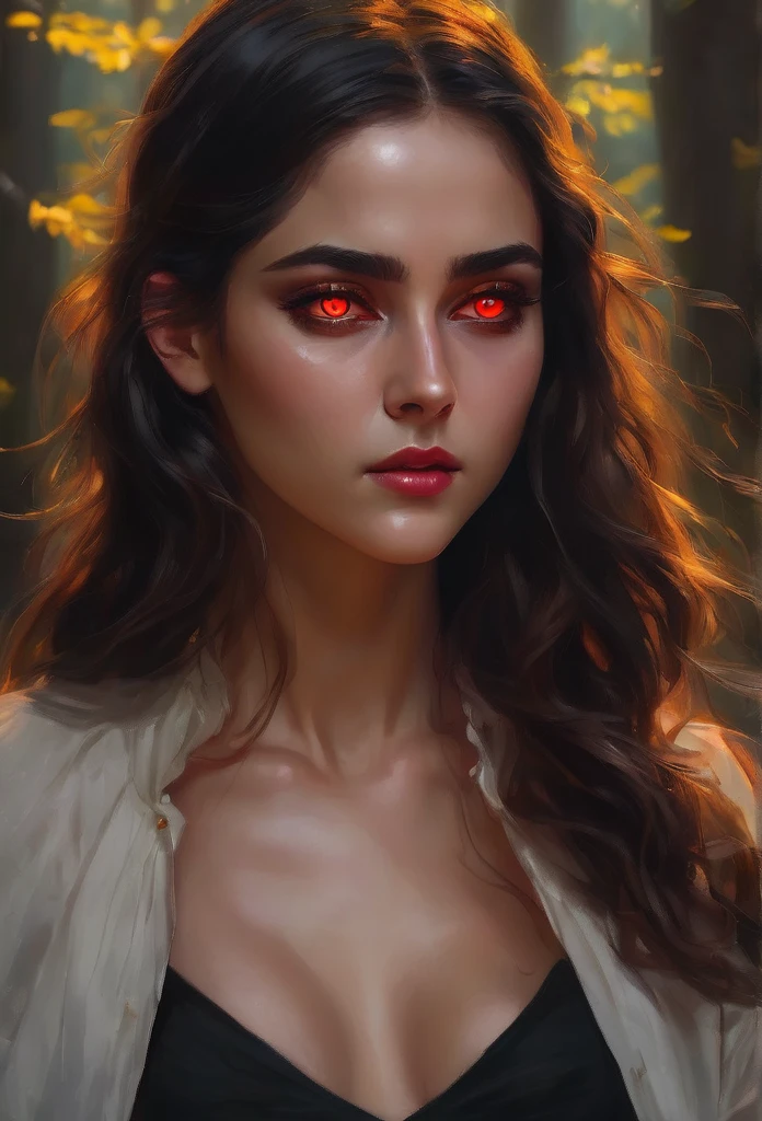 work of art, best qualityer, 1 girl, dark brown hair, long wavy hair,vibrant, glowing red eyes, short black dress, detailedeyes, detailed facial features, realista e de high resolution (best qualityer, 4K, 8K, high resolution, work of art:1.2), mellow, Woman, looking at the camera, , sketch, trunk, darkness background. 