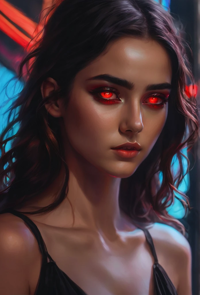 work of art, best qualityer, 1 girl, dark brown hair, long wavy hair,vibrant, glowing red eyes, short black dress, detailedeyes, detailed facial features, realista e de high resolution (best qualityer, 4K, 8K, high resolution, work of art:1.2), mellow, Woman, looking at the camera, , sketch, trunk, darkness background. 