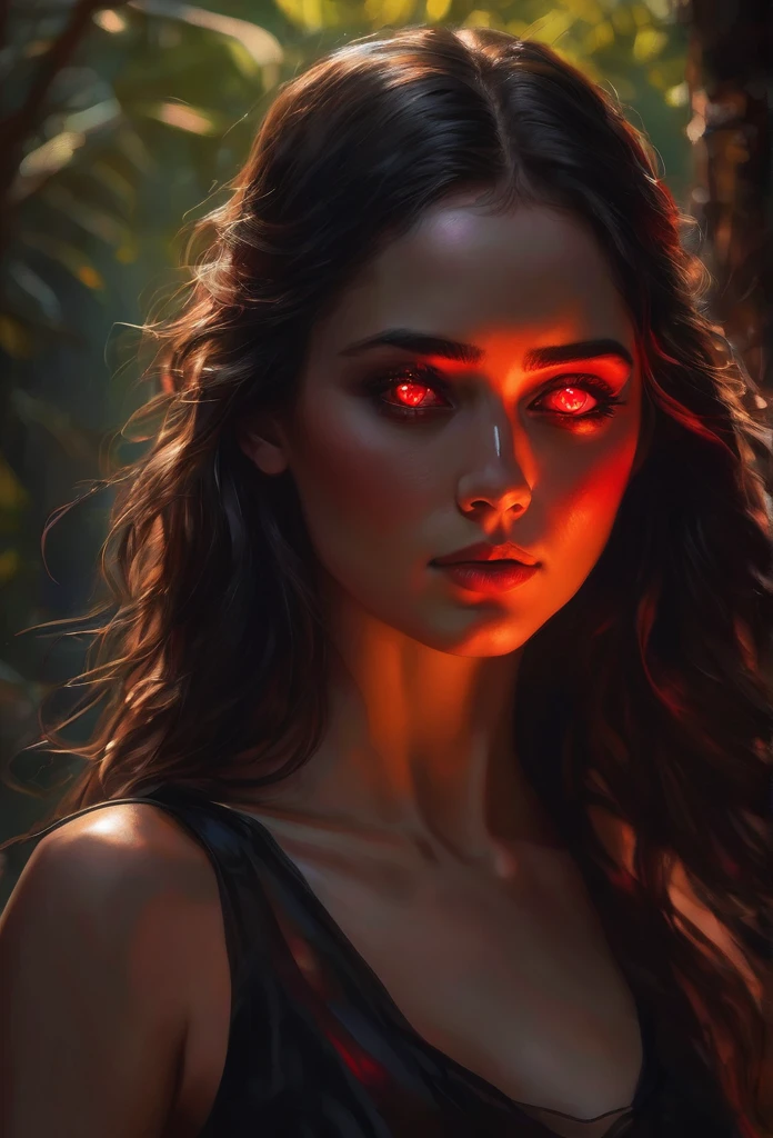 work of art, best qualityer, 1 girl, dark brown hair, long wavy hair,vibrant, glowing red eyes, short black dress, detailedeyes, detailed facial features, realista e de high resolution (best qualityer, 4K, 8K, high resolution, work of art:1.2), mellow, Woman, looking at the camera, , sketch, trunk, darkness background. 