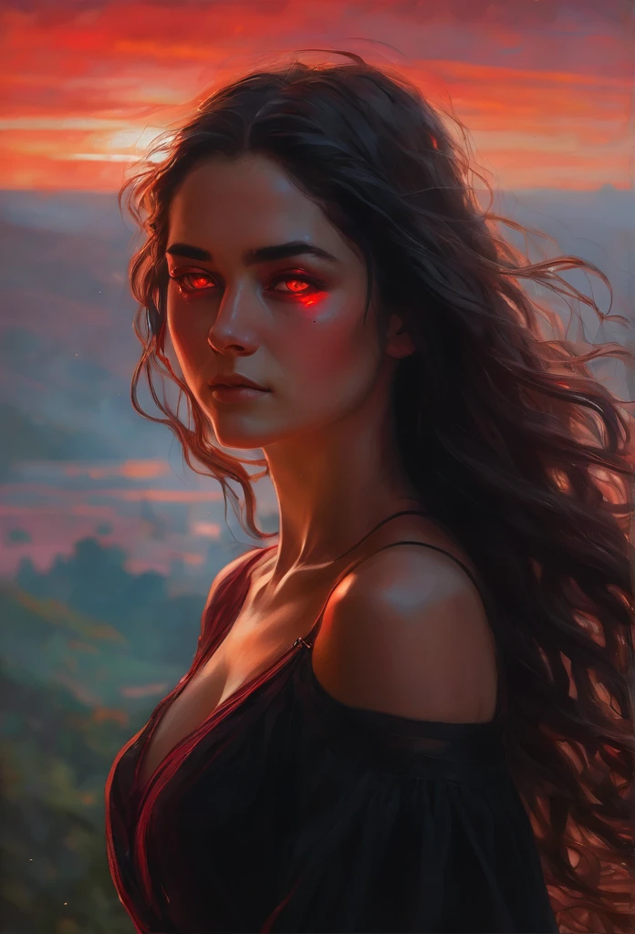 work of art, best qualityer, 1 girl, dark brown hair, long wavy hair,vibrant, glowing red eyes, short black dress, detailedeyes, detailed facial features, realista e de high resolution (best qualityer, 4K, 8K, high resolution, work of art:1.2), mellow, Woman, looking at the camera, , sketch, trunk, darkness background. 