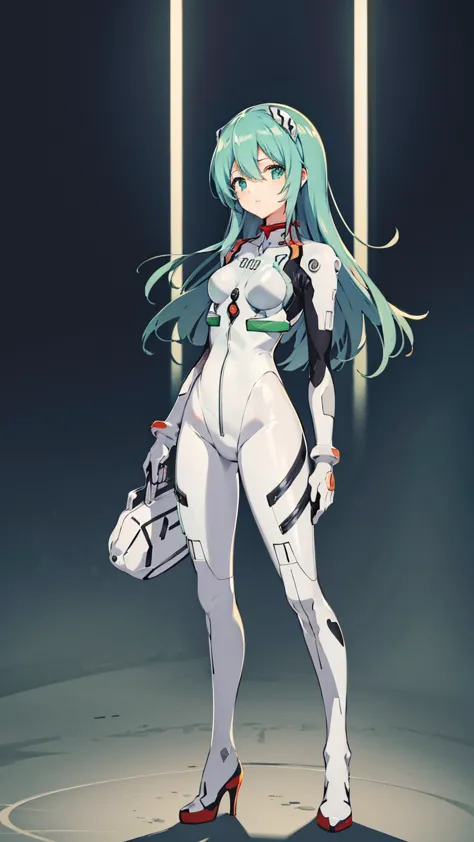 初音ミクはplug suitを着ている、big breasts、latex bodysuit、plug suit((neon genesis evangelion))、plug suitの色は白と水色、high heels、the background i...