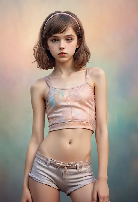 (Cinematic photo:1.3) From (Thigh-length photos:1.3),(skinny:1.3) ((CROPTOP, NAVEL)) Beautiful 12 year old girl, (complex brown ...