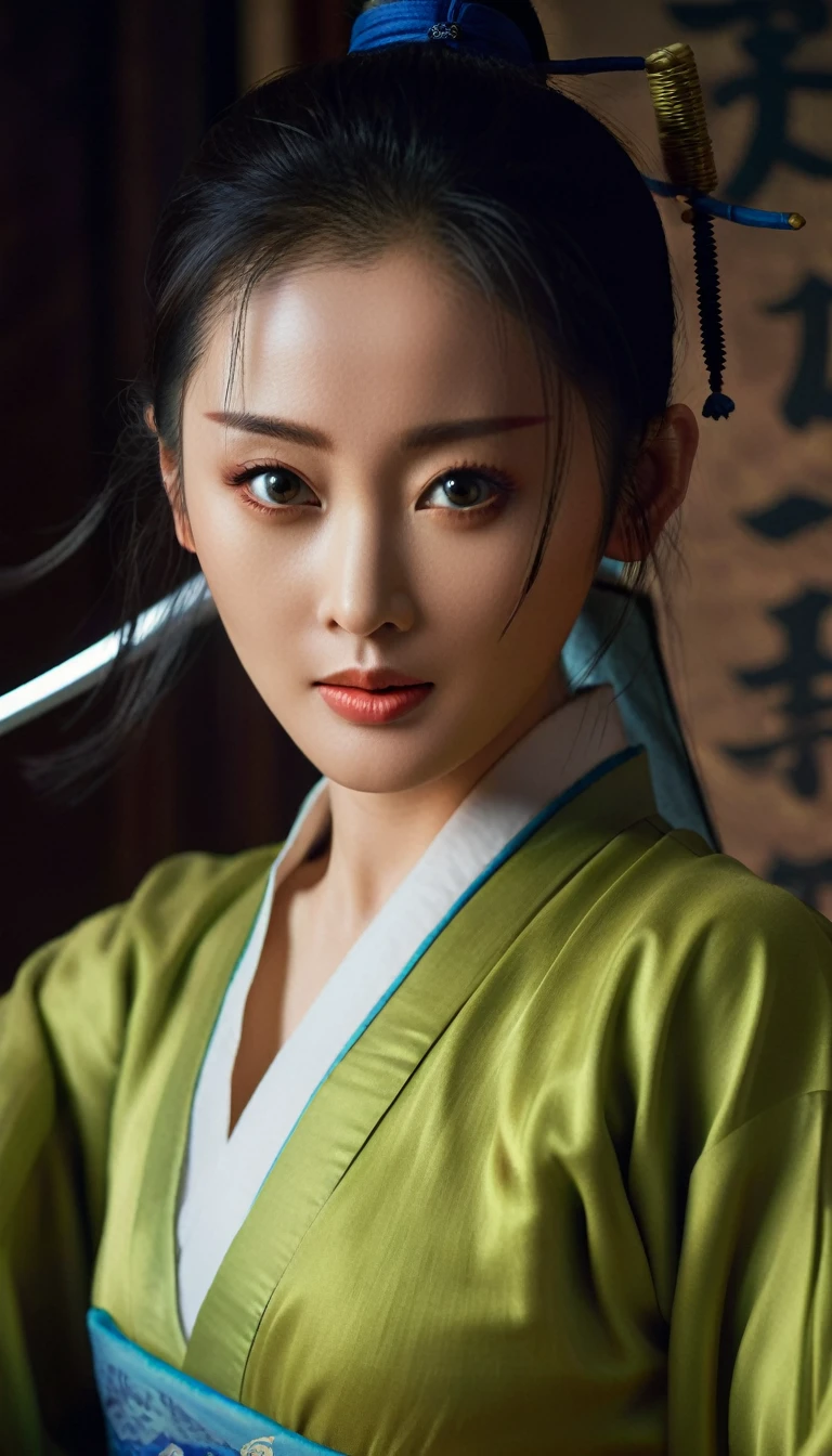 (masterpiece,best quality,ultra high res:1.2),(photo-realistic:1.3),(beautiful face,exquisite face,skin texture:1.1),
side_light,wuxia,
zhangtianai,
chinese actress,holding sword,