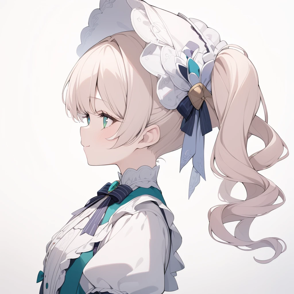 Platinum Blonde hair,curls,((emerald green eyes)),long eyelashes,((light pink victorian dress)),puffy short sleeves,pink frilled dress,((wide brimmed Bonnet with bows)),bustshot,masterpiece,highress,soft smile,bishoujo,peterpan collar,profile,white accents,white trim,white frills,((long curly side ponytail)),solo,facing left,((short hair))