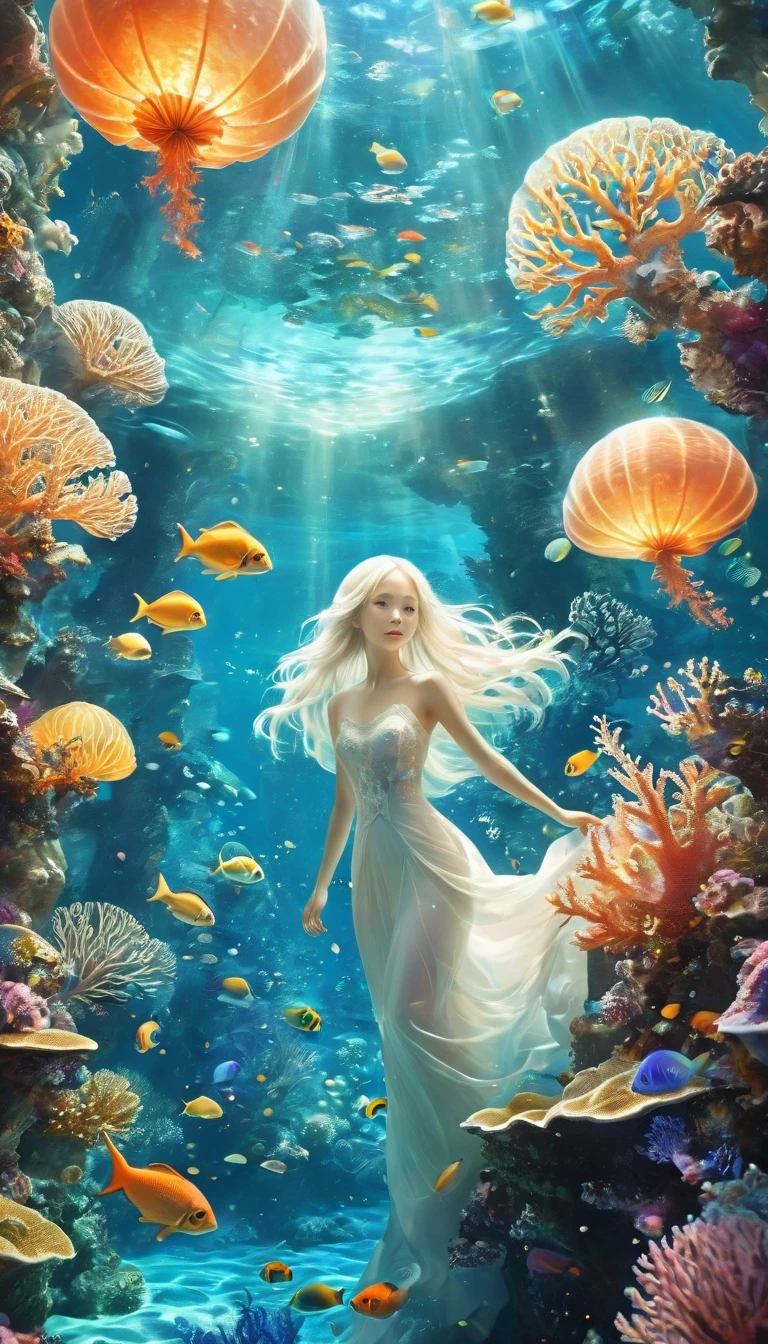 fractal，Shine，One Girl，きらきらShine, Veera, Extremely small light-emitting quantum dots, Extraterrestrial、Many lanterns, conceptual art of marine life, Underwater scenery, Life at sea，Beautiful coral reefs come in many shapes, 3d，, fish, Female anime fantasy illustration. Long white hair scattered in the sea, drift, Very harmonious. The painting as a whole adopts a messy and imaginative style.. The colors are bright and saturated, With smooth lines. The mystery and beauty of the sea, The painting depicts an underwater world full of life and vitality., Animation Art Wallpaper 8K