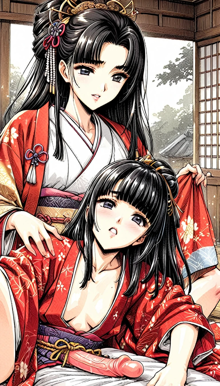 ((Highest quality)), ((masterpiece)), (detailed), （Perfect Face）、（The woman is a  princess from the Sengoku period in Japan., Long black hair and a beautiful face　Located in a luxurious samurai residence.、The woman is wearing a Japanese white kimono with a richly embroidered red shiny robe over it.　The red robe worn by Japanese princesses　Her hair is styled in a straight hime cut.　It is decorated with gorgeous ornaments from the Edo period.,   She gets her clothes flipped over by two women and a dildo is inserted into her pussy