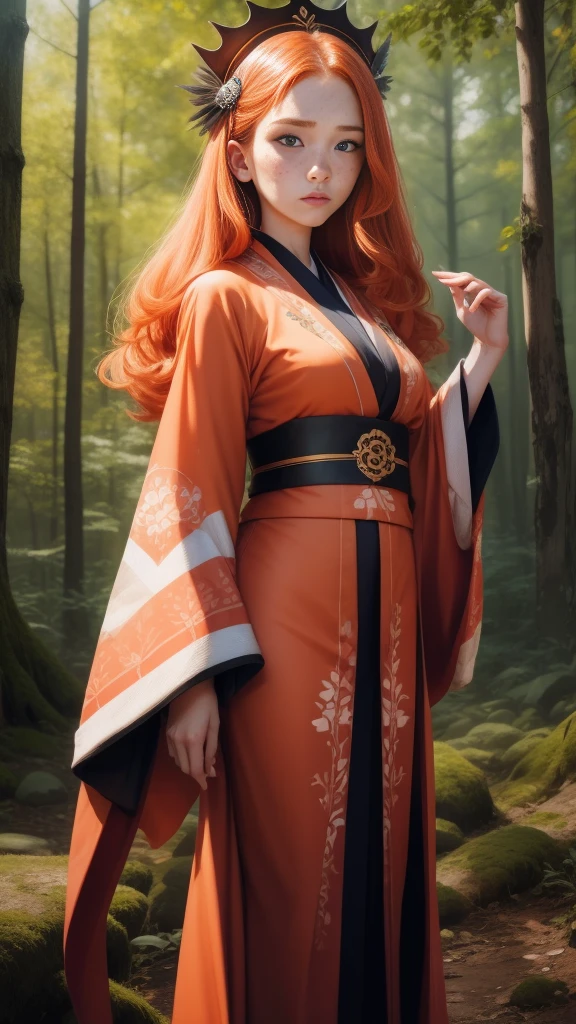 18 years old princess, striking figure, long ginger hair, wavy hairs, fair skin, (freckles), (kolito), innocent and regal appearance, expressive eyes are filled with a mix of curiosity and determination, her slender frame, elegant grace, vibrant orange kimono with white and black decorations, ornata kimono, very long ((sleeves past fingers)), sleeves past wrists, feather headdress, in a forest