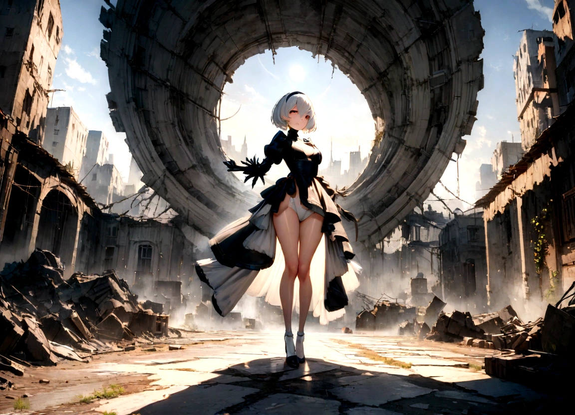 ((best qualityer)), ((work of art)), (very detailled:1.3), 2B in the ruins of a city in the forgotten war, Ancient Technology, Nier-Automata, standing, fully body, legs slightly open, arms half raised, photographic essay, facefocus, Looking at the sky, hdr (high-range dynamics), ray tracing, nvidia RTX, super resolution, Irreal 5, underground dispersal, PBR Texture, Post-processing, Anisotropic filtering, Depth of field, Maximum sharpness and sharpness, multi-layered texture, albedo and highlight maps, Surface shading, Accurate simulation of interactions between light materials, perfect proportions, octane rendering, duotone lighting, Low ISO, White balance, rule of thirds, large aperture, 8K CRU, efficient sub-pixels, subpixel convolution, Luminescent particles, light scattering, Tyndall effect