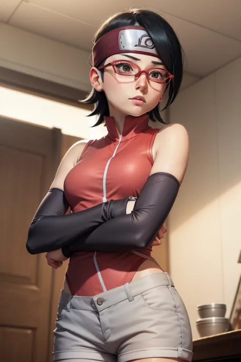 1 girl, from low, standing, beautiful Sarada Uchiha, 18 years old, cups, black thighighs, arm warmers, forehead protector, short...