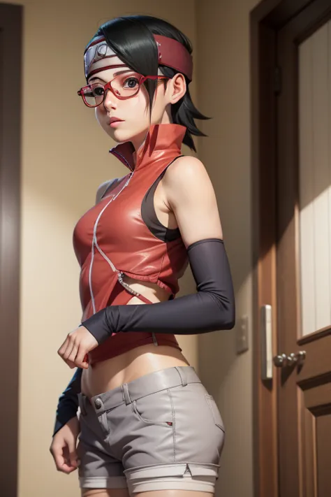 1 girl, from low, standing, beautiful Sarada Uchiha, 18 years old, cups, black thighighs, arm warmers, forehead protector, short...