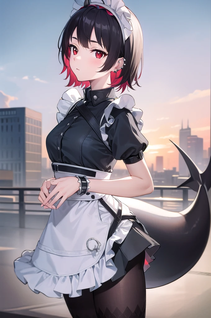 ellenjoe, ellen joe, black hair, colored inner hair, multicolored hair, (red eyes:1.3), red hair, short hair, two-tone hair,
BREAK bapron, black pantyhose, black shirt, black skirt, ear piercing, fins, fish tail, maid, maid apron, maid headdress, pantyhose, piercing, puffy short sleeves, puffy sleeves, shark girl, shark tail, shirt, short sleeves, skirt, tail, two-tone hair, wrist cuffs,
BREAK outdoors, city, sky, clouds, sun, park
BREAK looking at viewer, (cowboy shot:1.5),
BREAK (masterpiece:1.2), best quality, high resolution, unity 8k wallpaper, (illustration:0.8), (beautiful detailed eyes:1.6), extremely detailed face, perfect lighting, extremely detailed CG, (perfect hands, perfect anatomy),