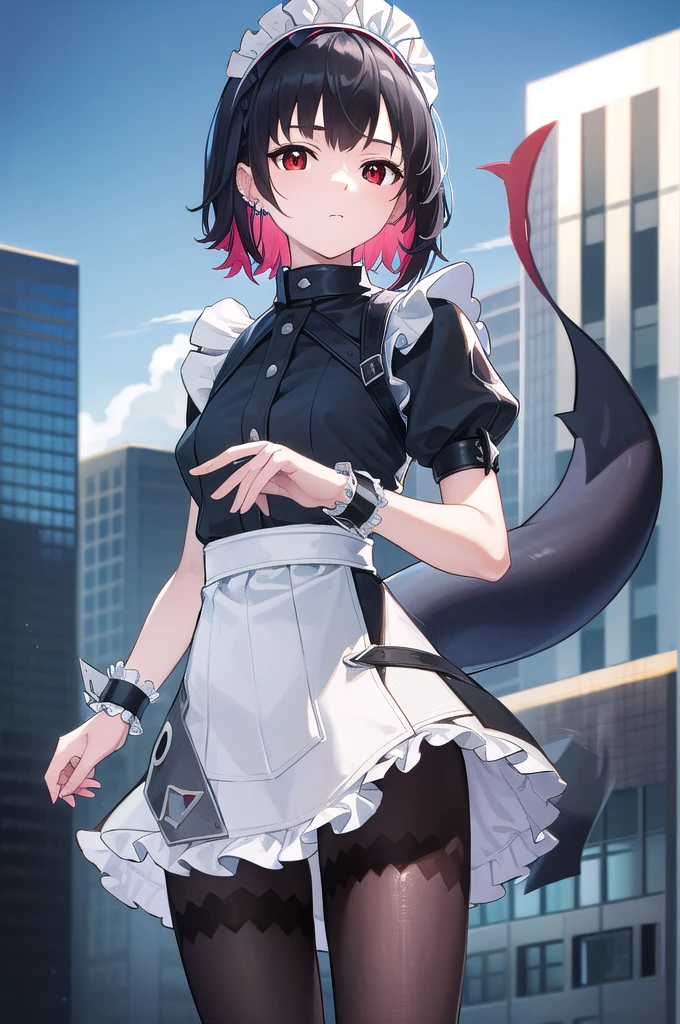 ellenjoe, ellen joe, black hair, colored inner hair, multicolored hair, (red eyes:1.3), red hair, short hair, two-tone hair,
BREAK bapron, black pantyhose, black shirt, black skirt, ear piercing, fins, fish tail, maid, maid apron, maid headdress, pantyhose, piercing, puffy short sleeves, puffy sleeves, shark girl, shark tail, shirt, short sleeves, skirt, tail, two-tone hair, wrist cuffs,
BREAK outdoors, city, sky, clouds, sun, park
BREAK looking at viewer, (cowboy shot:1.5),
BREAK (masterpiece:1.2), best quality, high resolution, unity 8k wallpaper, (illustration:0.8), (beautiful detailed eyes:1.6), extremely detailed face, perfect lighting, extremely detailed CG, (perfect hands, perfect anatomy),