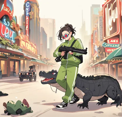 black alligator, red circle glasses, green tracksuit, holding uzi gun, las vegas