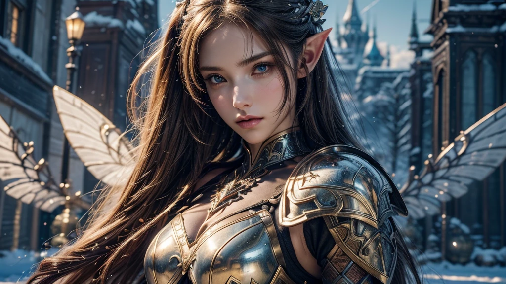 Close-up of woman holding sword and armor, Armor Girl, 2. 5D CGI anime fantasy artwork, Large Breasts，Epic fantasy digital art style, detailed Digital 2D fantasy art, Digital 2D fantasy art, original photo, (best quality:1.3), high resolution, (masterpiece), (lifelike:1.4), Professional photography, Clear focus, High Dynamic Range, 8k resolution, Intricate details, Fine details, Depth of Field, Extremely detailed CG unified 8k wallpaper, masterpiece，poster，best quality，Official Art，（Beauty and aesthetics：1.2），（masterpiece：1.3），Female Elf，individual，Light Leather Armor，complex pattern，snow，castle，Medium distance photography，（early morning），dramatic，Glowing Wings，