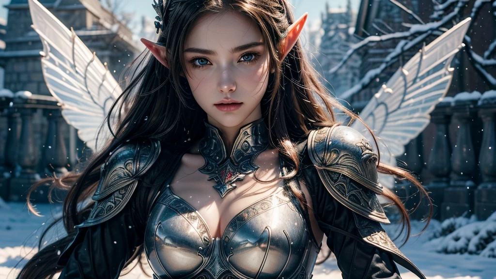 Close-up of woman holding sword and armor, Armor Girl, 2. 5D CGI anime fantasy artwork, Large Breasts，Epic fantasy digital art style, detailed Digital 2D fantasy art, Digital 2D fantasy art, original photo, (best quality:1.3), high resolution, (masterpiece), (lifelike:1.4), Professional photography, Clear focus, High Dynamic Range, 8k resolution, Intricate details, Fine details, Depth of Field, Extremely detailed CG unified 8k wallpaper, masterpiece，poster，best quality，Official Art，（Beauty and aesthetics：1.2），（masterpiece：1.3），Female Elf，individual，Light Leather Armor，complex pattern，snow，castle，Medium distance photography，（early morning），dramatic，Glowing Wings，