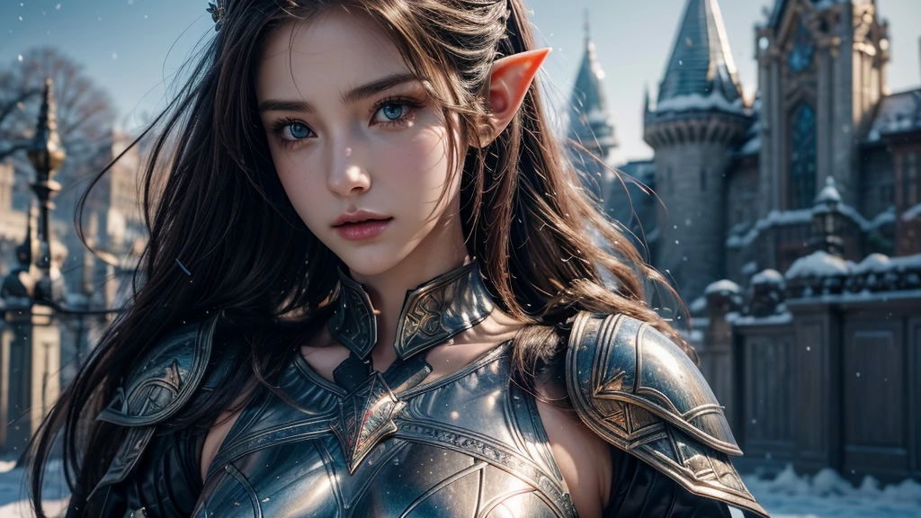 Close-up of woman holding sword and armor, Armor Girl, 2. 5D CGI anime fantasy artwork, Large Breasts，Epic fantasy digital art style, detailed Digital 2D fantasy art, Digital 2D fantasy art, original photo, (best quality:1.3), high resolution, (masterpiece), (lifelike:1.4), Professional photography, Clear focus, High Dynamic Range, 8k resolution, Intricate details, Fine details, Depth of Field, Extremely detailed CG unified 8k wallpaper, masterpiece，poster，best quality，Official Art，（Beauty and aesthetics：1.2），（masterpiece：1.3），Female Elf，individual，Light Leather Armor，complex pattern，snow，castle，Medium distance photography，（early morning），dramatic，Glowing Wings，