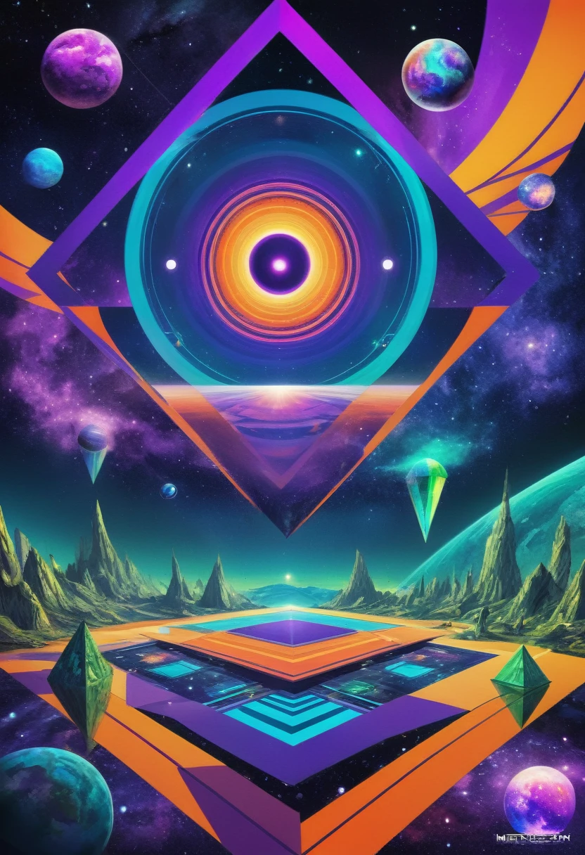 psychedelic out of reality mystical seen from the front, futuristic and geometric technology backdrop, spirit, dmr, md, mdma, thc intergalactic, other planets and mirror effects, colors, purple, green, blue and orange. electronic album cover