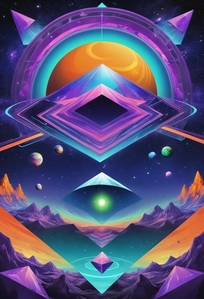 psychedelic out of reality mystical seen from the front, futuristic and geometric technology backdrop, spirit, dmr, md, mdma, thc intergalactic, other planets and mirror effects, colors, purple, green, blue and orange. electronic album cover