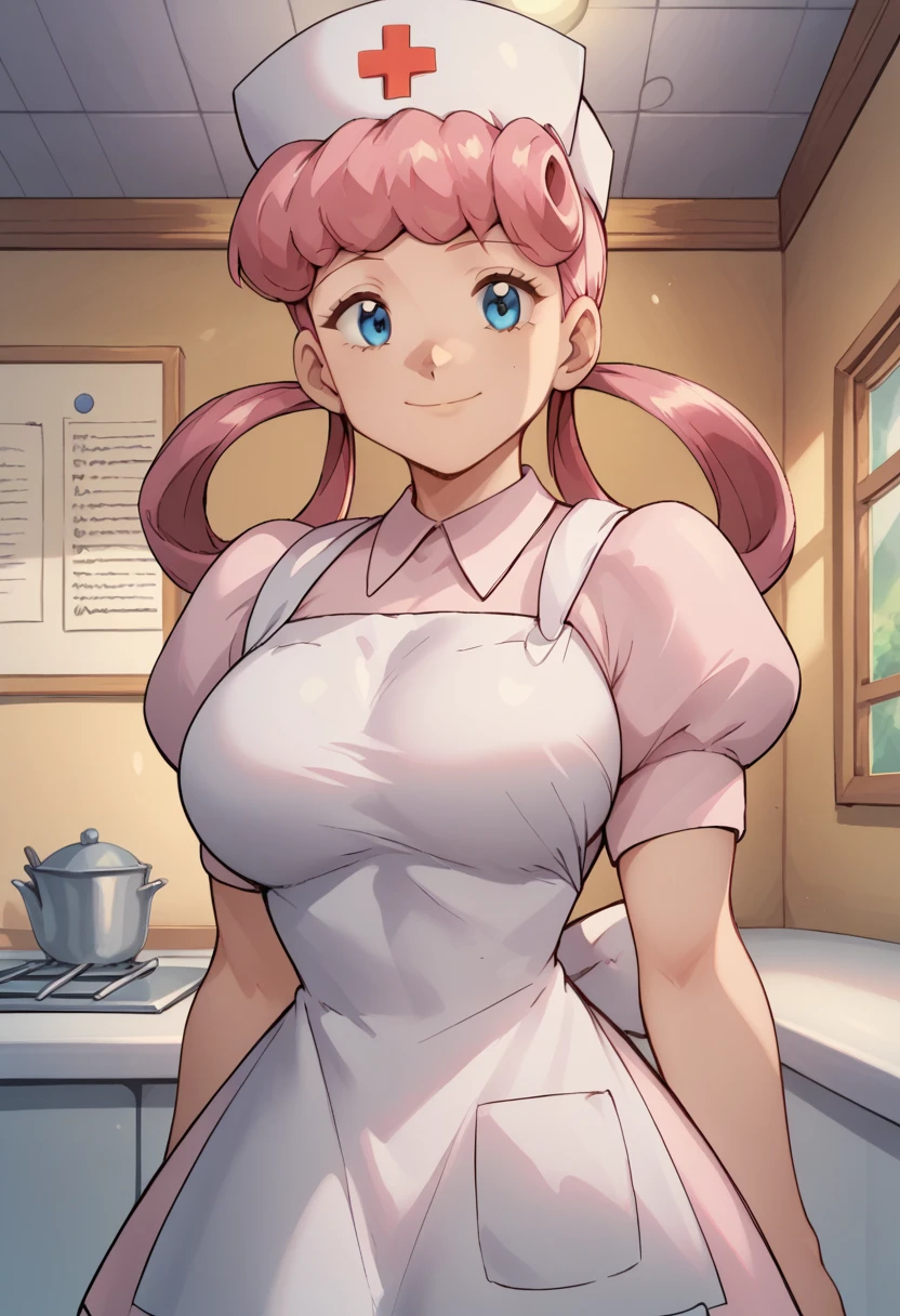 nanao yukiji style,, 1girl, solo, eppknursejoy, pink hair,  blue eyes, long hair, large breasts, hair rings, bumper bangs, looking at viewer, hat, dress, closed mouth, short sleeves, puffy sleeves, apron, puffy short sleeves, nurse cap, nurse, indoors, smile, infirmary,