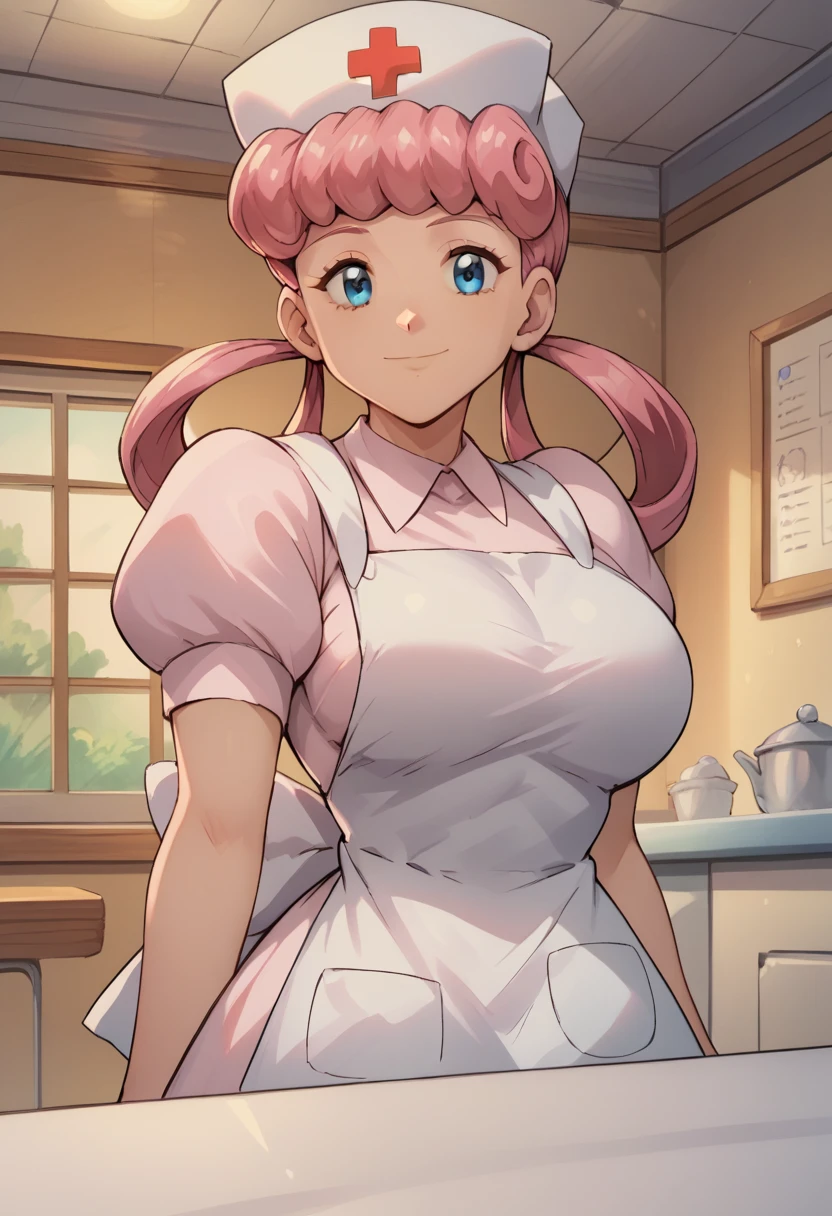 nanao yukiji style,, 1girl, solo, eppknursejoy, pink hair,  blue eyes, long hair, large breasts, hair rings, bumper bangs, looking at viewer, hat, dress, closed mouth, short sleeves, puffy sleeves, apron, puffy short sleeves, nurse cap, nurse, indoors, smile, infirmary,