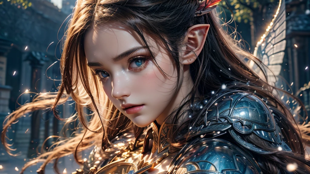 Close-up of woman holding sword and armor, Armor Girl, 2. 5D CGI anime fantasy artwork, Large Breasts，Epic fantasy digital art style, detailed Digital 2D fantasy art, Digital 2D fantasy art, original photo, (best quality:1.3), high resolution, (masterpiece), (lifelike:1.4), Professional photography, Clear focus, High Dynamic Range, 8k resolution, Intricate details, Fine details, Depth of Field, Extremely detailed CG unified 8k wallpaper, masterpiece，poster，best quality，Official Art，（Beauty and aesthetics：1.2），（masterpiece：1.3），Female Elf，individual，Light Leather Armor，complex pattern，snow，castle，Medium distance photography，（early morning），dramatic，Glowing Wings，