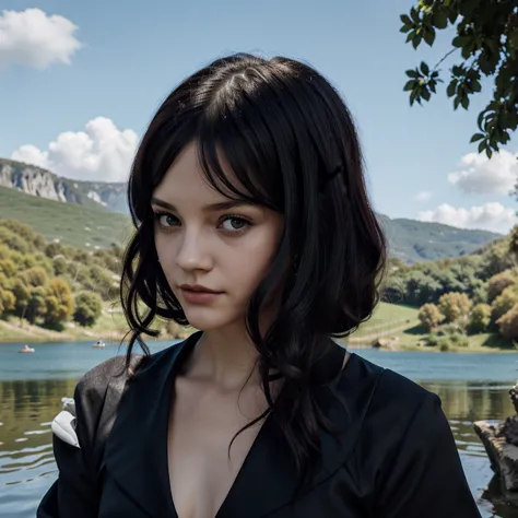 artwork from the series (wednesday) wednesday addams in a woman, with black dress, black hair and eyes, in a lake in the backgro...