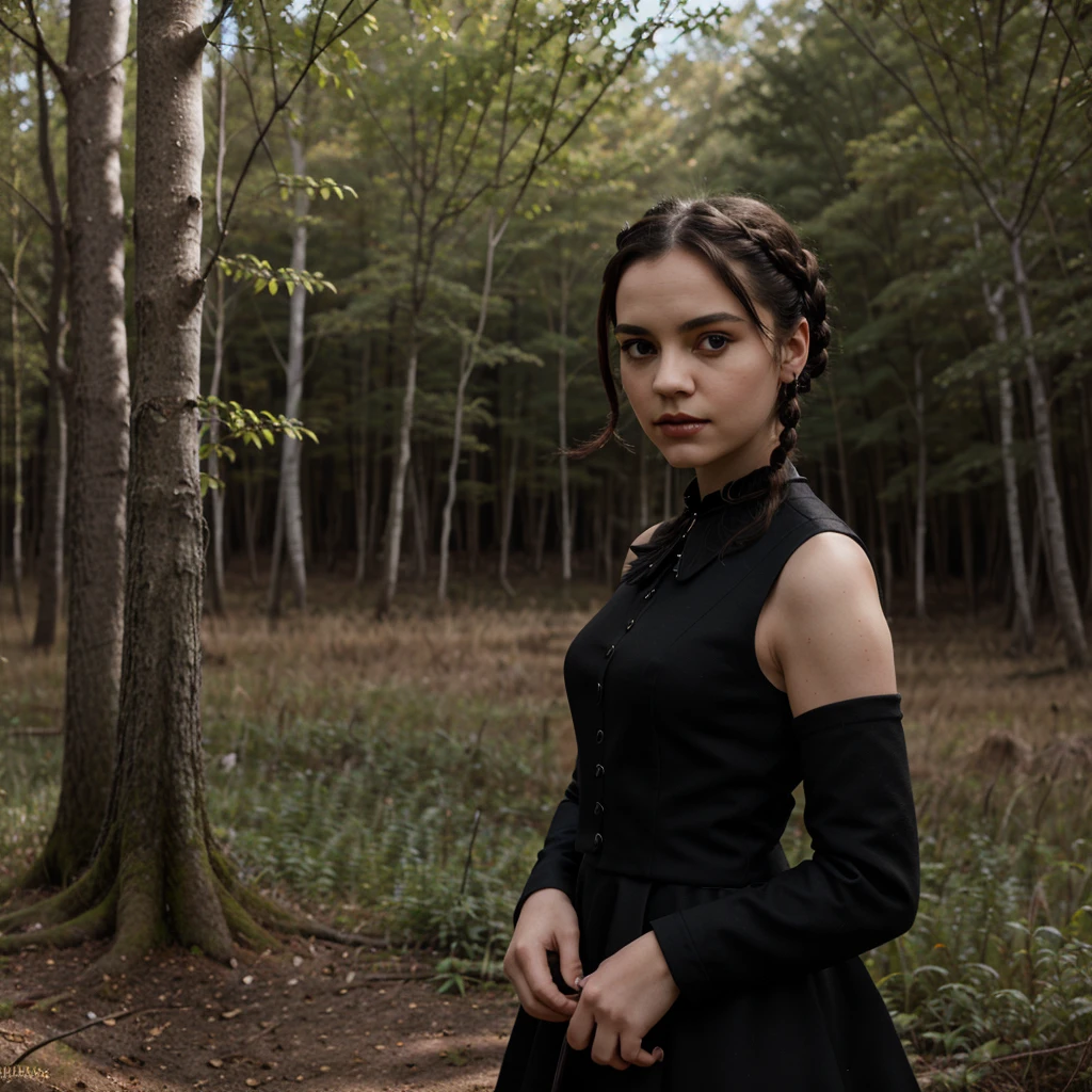 Artwork from the series (wednesday) Wednesday Addams, Wednesday Addams, Wednesday Addams, a woman, with black dress, black braided hair and black eyes, serious look, in a forest in the background