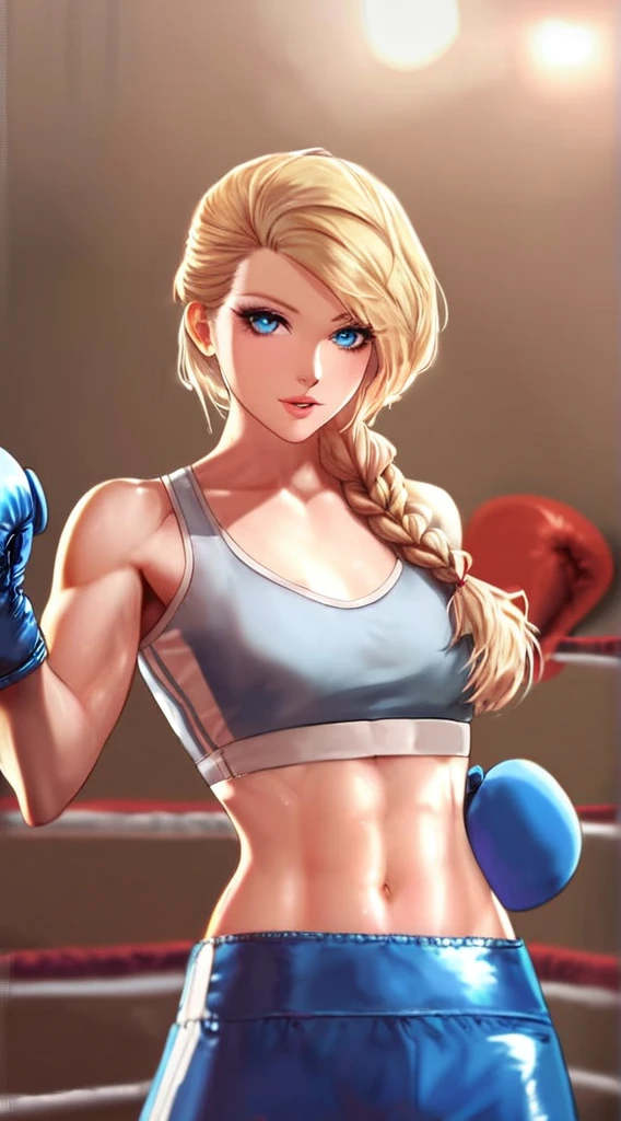 score_9, score_8_up, score_7_up, score_6_up, Detailed Background, BREAK
 koasmirage, 1girl, long hair, sports bra, blonde hair, blue eyes, single braid,boxing gloves, boxing