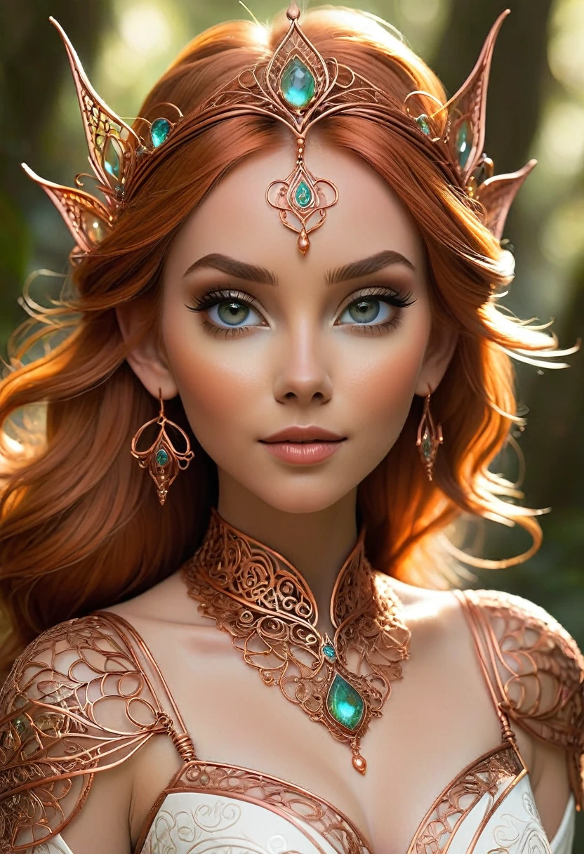 Princesse elfique inspirée de Steampunk. colliers et bracelets en fil de cuivre. Couronne de fil de cuivre fin. des tatouages de couleur cuivre couvrent son visage et son corps, des motifs complexes et magnifiques. Grandes oreilles pointues qui se terminent par des fioritures. Mains sur les hanches. Yeux de couleur braise ornés de câbles en cuivre complexes. une robe d&#39;un blanc pur, ourlé de cuivre, recouvert de dentelle de cuivre et de filigrane. Les motifs en cuivre recouvrent la jupe dans un kaléidoscope de motifs en cuivre complexes.. Le fond est une forêt verdoyante magique. Son visage est un mélange fascinant d&#39;Alison-Brie, Scarlett Johansson, et Sydney Sweeney, créer un unique, visage symétrique qui respire l&#39;élégance et la grâce. tatouages de visage de couleurs cuivrées. Les couleurs cuivre sont, et tatouages sur la poitrine. confortable, Éclairage romantique. Sourire joyeux. Des cheveux cuivrés qui scintillent et scintillent sous les lumières. chiffre de sablier. lèvres cuivrées. fard à paupières cuivré.
