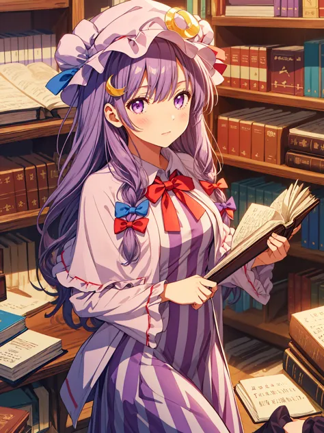 best quality, masterpiece, highres, solo, {patchouli_knowledge_touhou:1.15}, long_hair, purple_hair, crescent, purple_eyes, ribb...