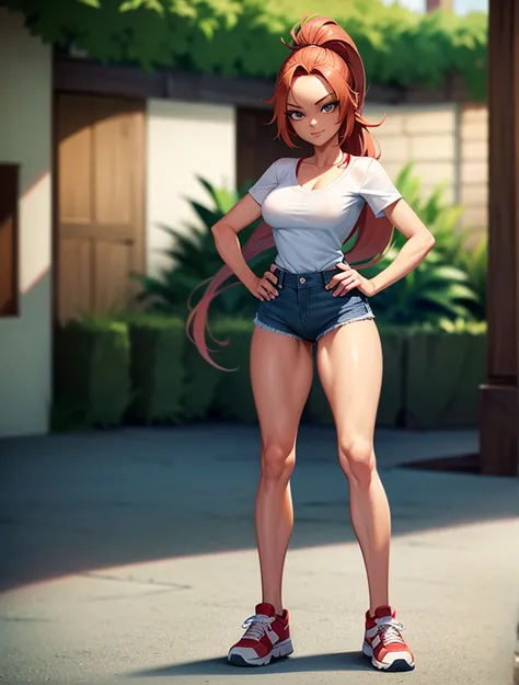 chica bandicoot, sexy young girl, good body, strong red hair, long ponytail hair, blue eyes, blue jeans, white shirt, white tenn...