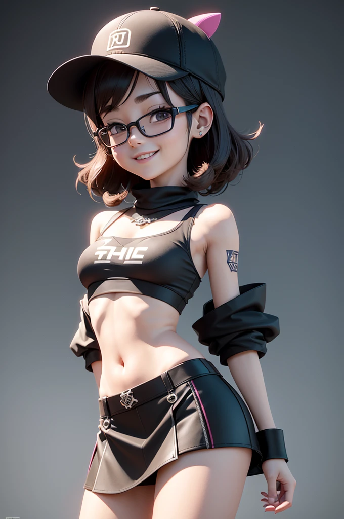 A character with a microphone and a hat, beautiful korean girl, Glasses over the hat, bright smiling face , Animation-style rendering, cute 3d rendering, flat-chested. unreal motor 5, stylized anime, cute detailed digital art, Atey Ghailan 8K, Stylized 3D rendering, Surreal adventure renderings, 3D anime style, Stylized 3D rendering,  punk style, , top cropped pequeno, midriff grande, micro skirt, Correia, detailed nippels,  detailed vagina, fine legs, short in stature, below the chest, 