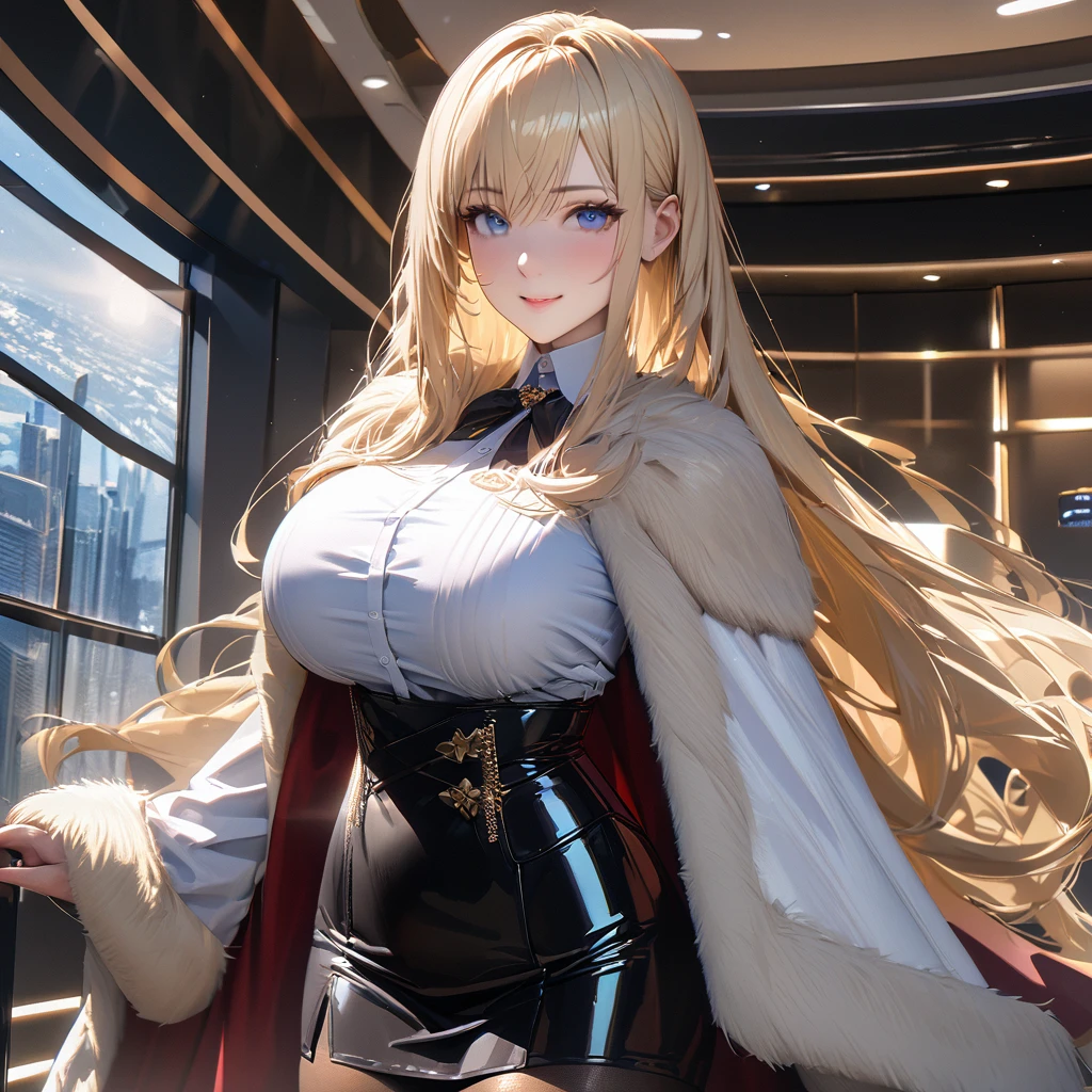 A woman wearing a white long-sleeved t-shirt, black office girl skirt, black transparent tights, black heels, big breasts, wearing a luxury fur cape, long cape, cape with white details, long blonde hair, blue eyes, smiling , standing, in a luxury office with white walls, luxurious blue glass window, luxury weights,,UHD , prime work , accurate , anatomically correct , textured skin , super details , high quality , best quality, 8k, high resolution, bokeh effect. (woman alone), close view. realistic
