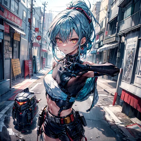 ((highest quality,masterpiece,detailed,4k)), a girl anime character with half of her body being a cyborg. she has blue hair and ...